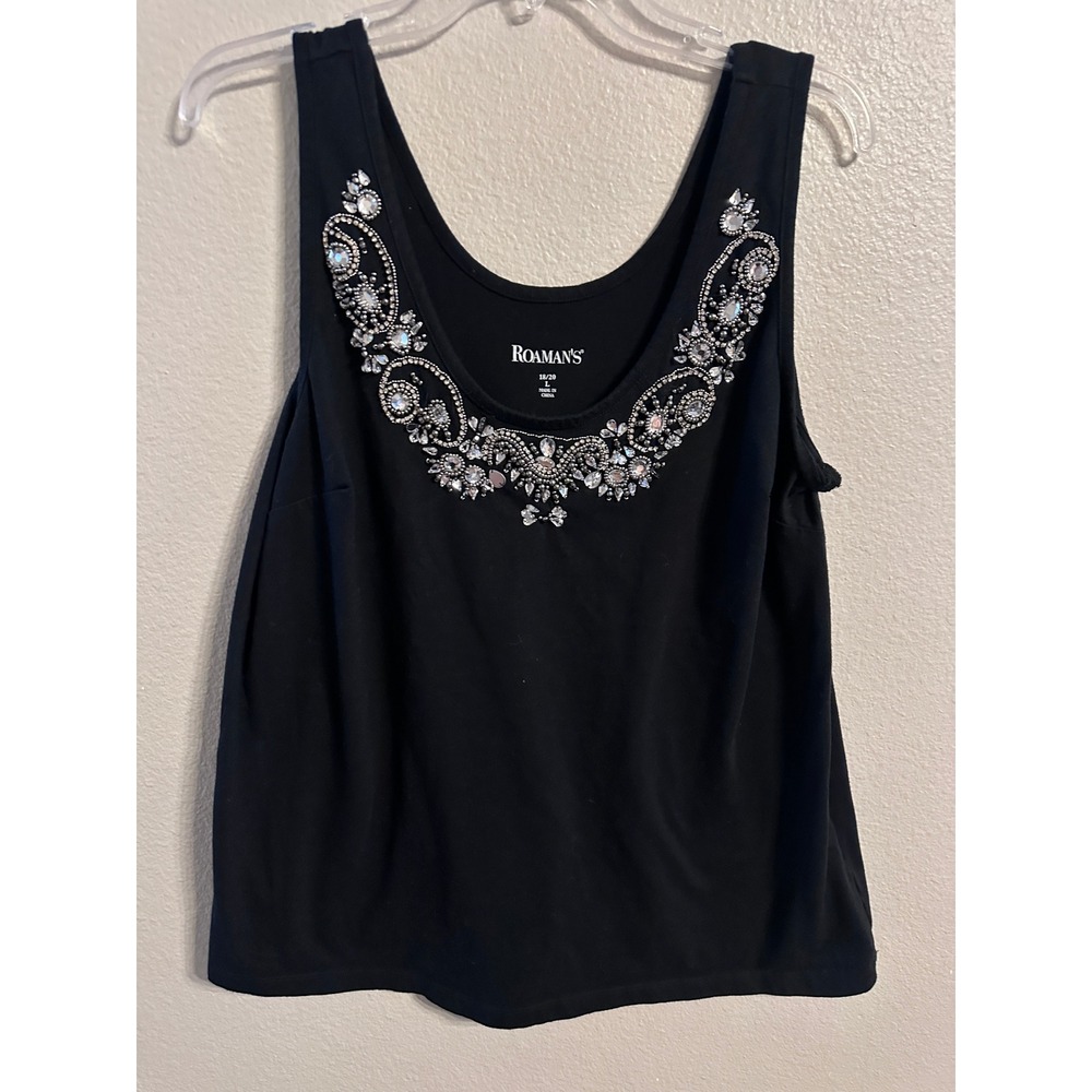 Roamans Embellished Tank Top Sleeveless Black Rhinestone Beaded Plus Size 18/20